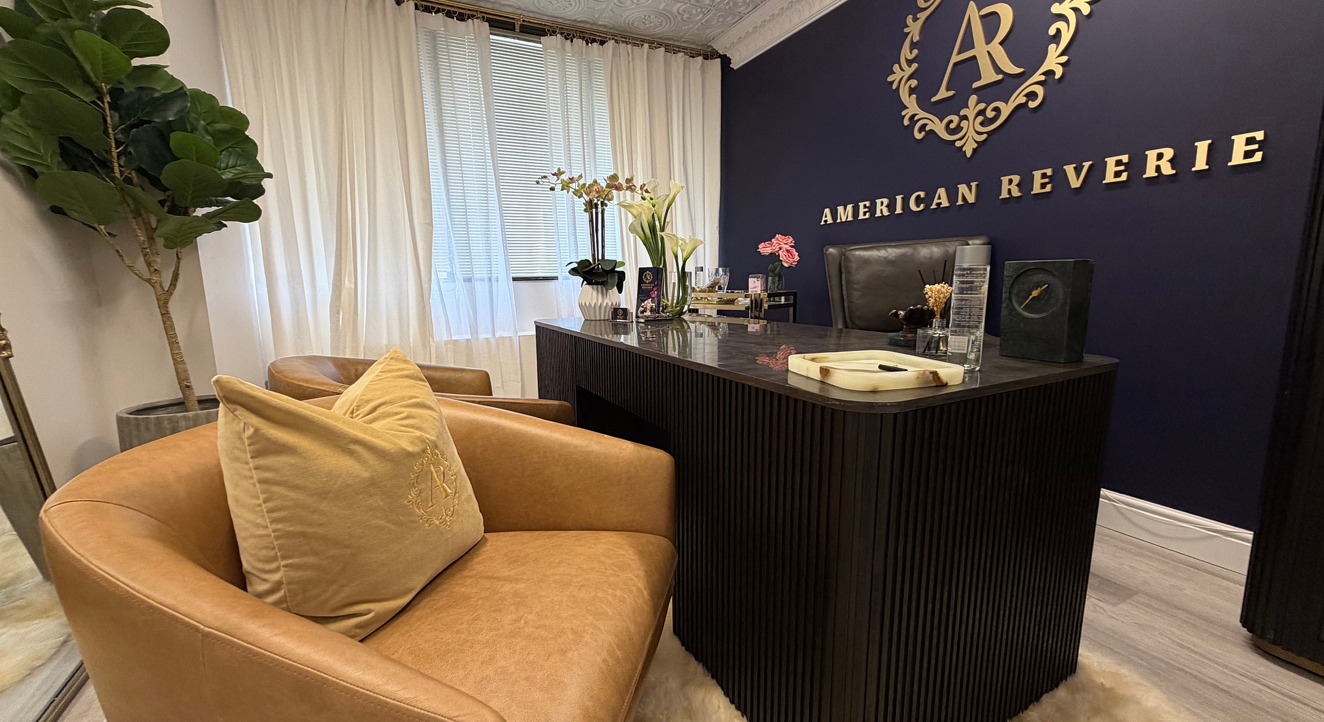 Stylish office with elegant decor and plants.