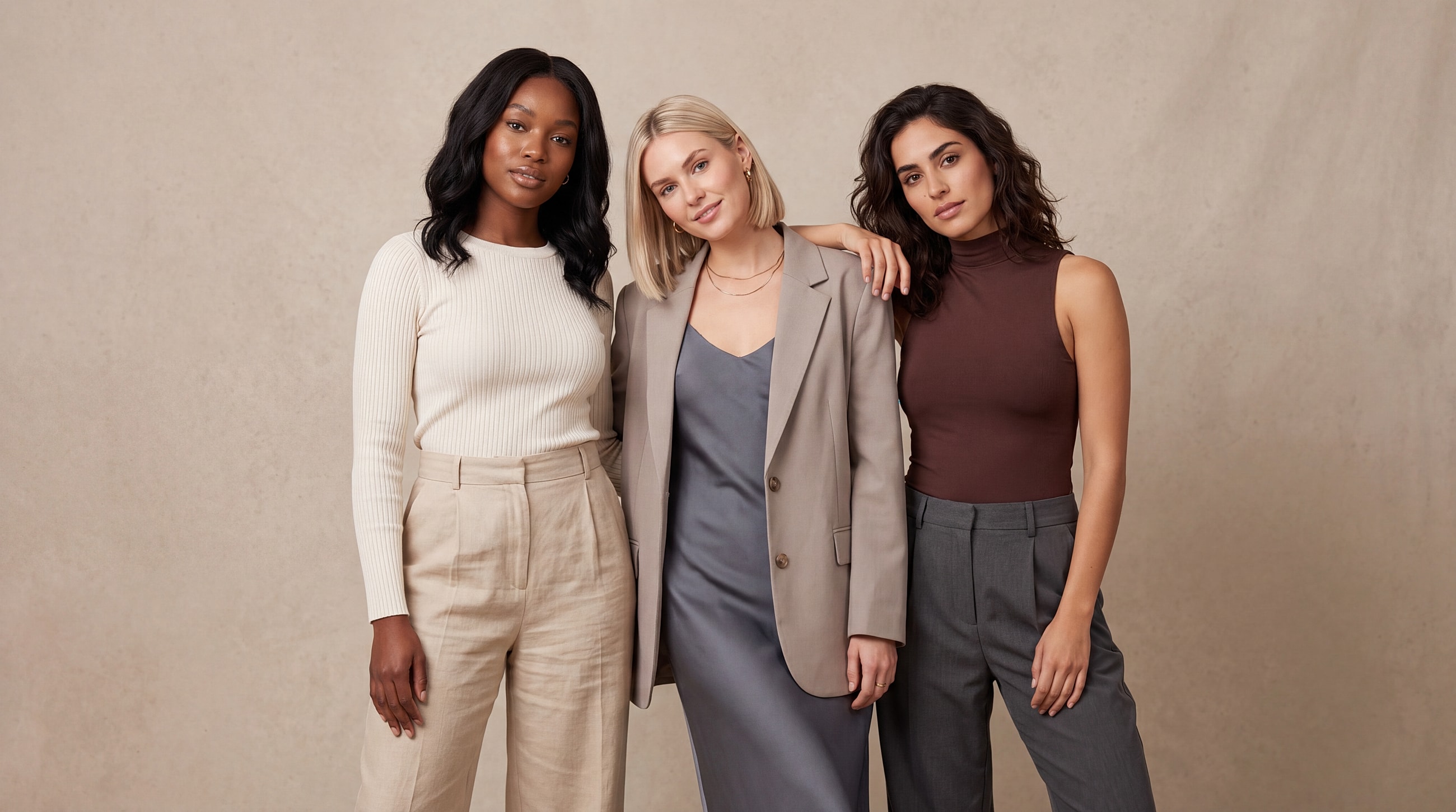 Three women posing in stylish outfits against backdrop.